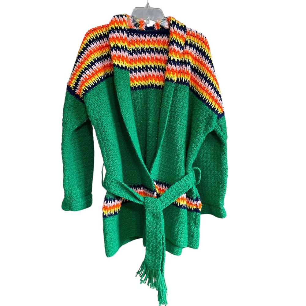 Vintage Handmade‎ Green Chunky Knit Crochet Belted Cardigan Sweater Belt L/XL